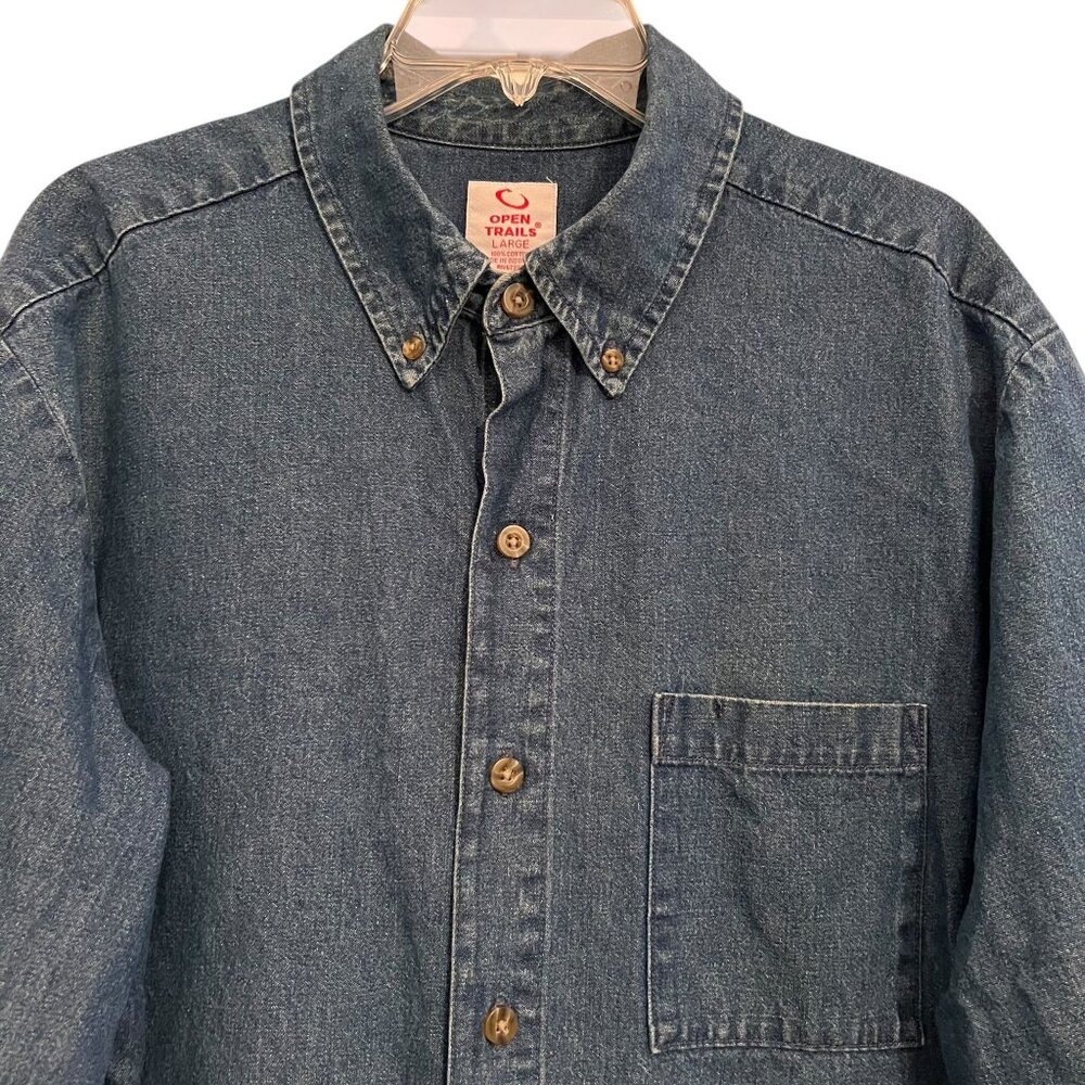 Vintage Open Trails Denim Shirt Chest Pocket Button Cuffs Button Up Classic Lg